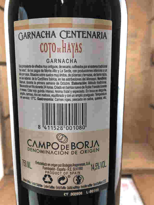 Contra de Botella de Garnacha centenaria coto de Hayas