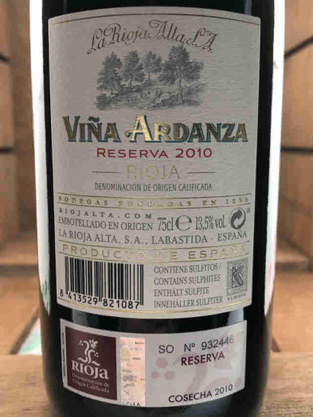 Contra de botella de Viña Ardanza