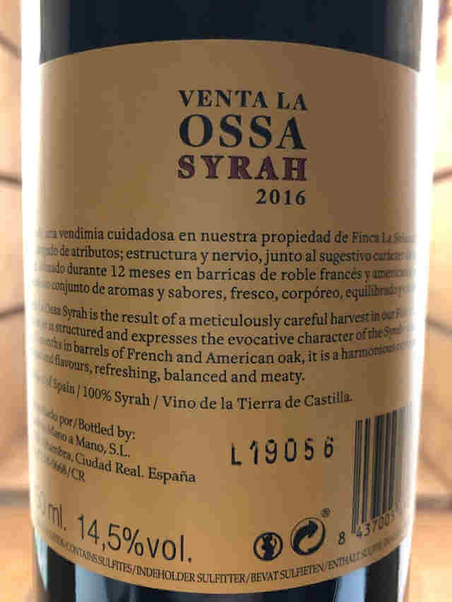 Contra botella Venta la Ossa Syrah